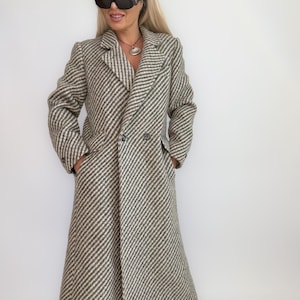 Abrigo largo vintage de mezcla de lana con diseño de espiga: chaqueta de invierno con doble botonadura y cintura entallada, talla S