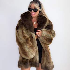 Vintage 90s Brown Faux Fur Coat Women’s – Heavy Winter Mob Wife Statement Jacket - XL-3XL