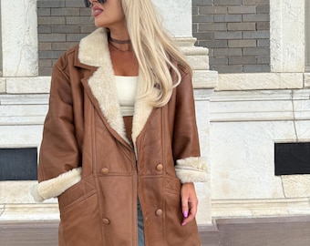 Real Leather Shearling Aviator Jacket: Oversized Vintage Wool-Lined Bomber