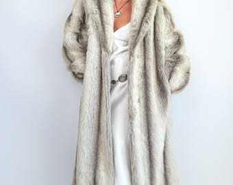 Vintage Snow Leopard White Ivory Gray Faux Fur Full Length Long Maxi Winter Coat S