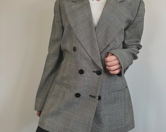 Vintage oversize blazer plaid checked gray relaxed boyfriend mom classic casual double breasted wool woolen  suit jacket