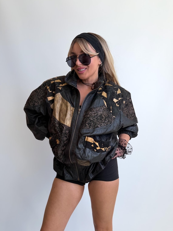 Vintage Black Leather Jacket Patchwork Abstract B… - image 14