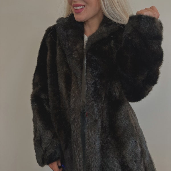 Vintage faux fur brown mink coat jacket y2k 90s