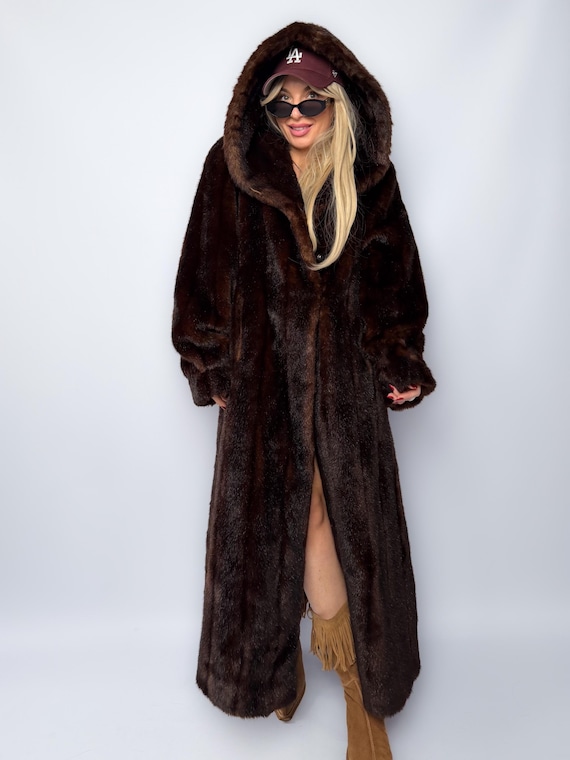 Vintage 90s Faux Mink Fur Coat with Hood Hooded Long Full Length Warm Oversize Soft Heavy Mob Wife  Winter Statement Jacket Size L