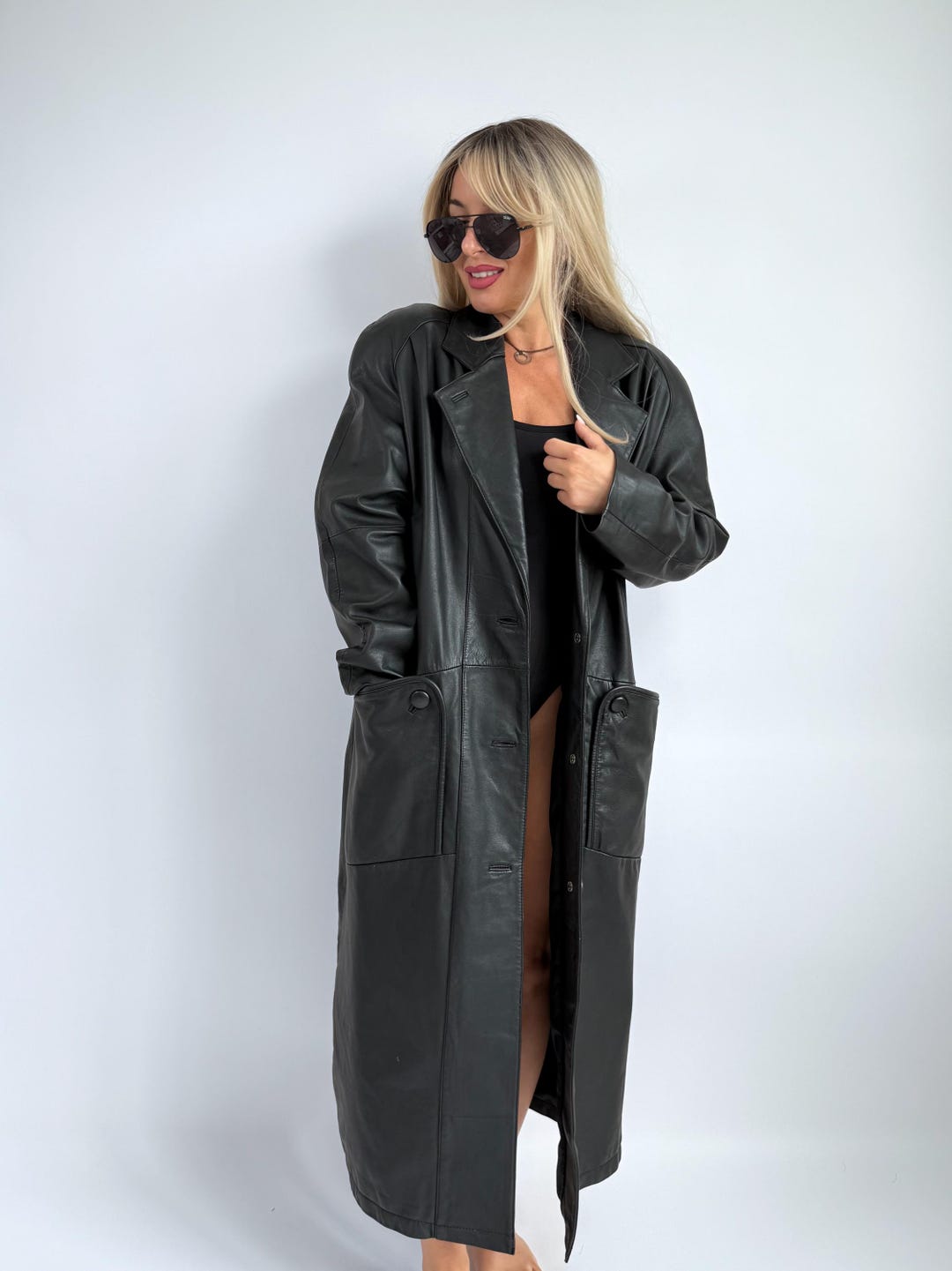 Vintage Black Leather Trench Coat (S) main image 1