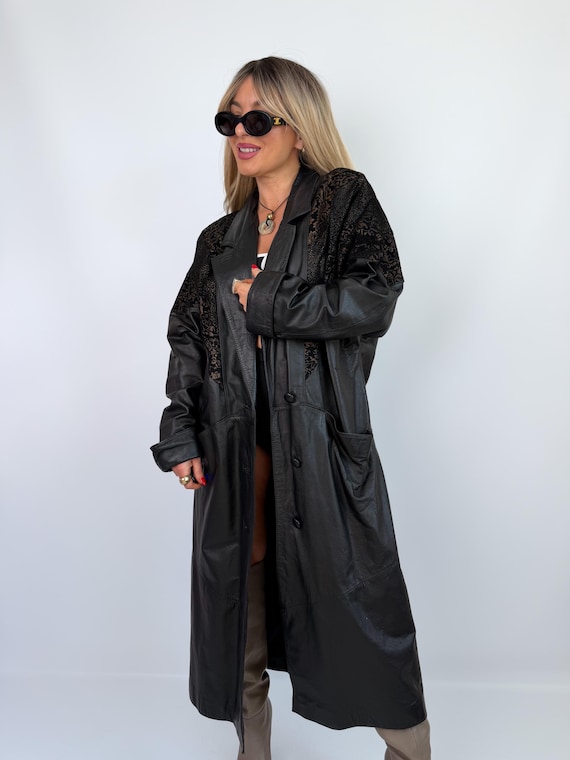 Vintage Black Leather Trench Coat Women 90s Genuine Oversized Long