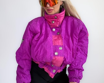 Vintage Neon Pink Purple Ski Bomber Jacket – 80s 90s Colorblock Winter Coat with Padded Insulation Retro Snow Outerwear Women’s S