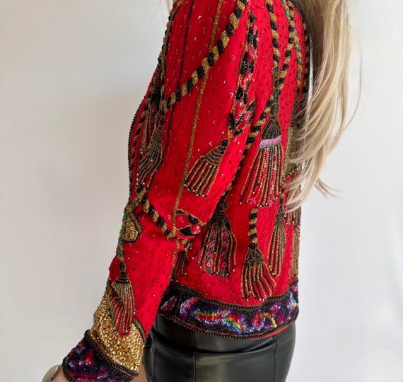 Vintage embellished boho bohemian silk jacket - image 3
