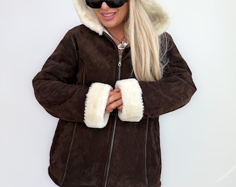 Vintage Y2K Brown Suede Shearling Hoodie: Ivory Faux Fur Lined