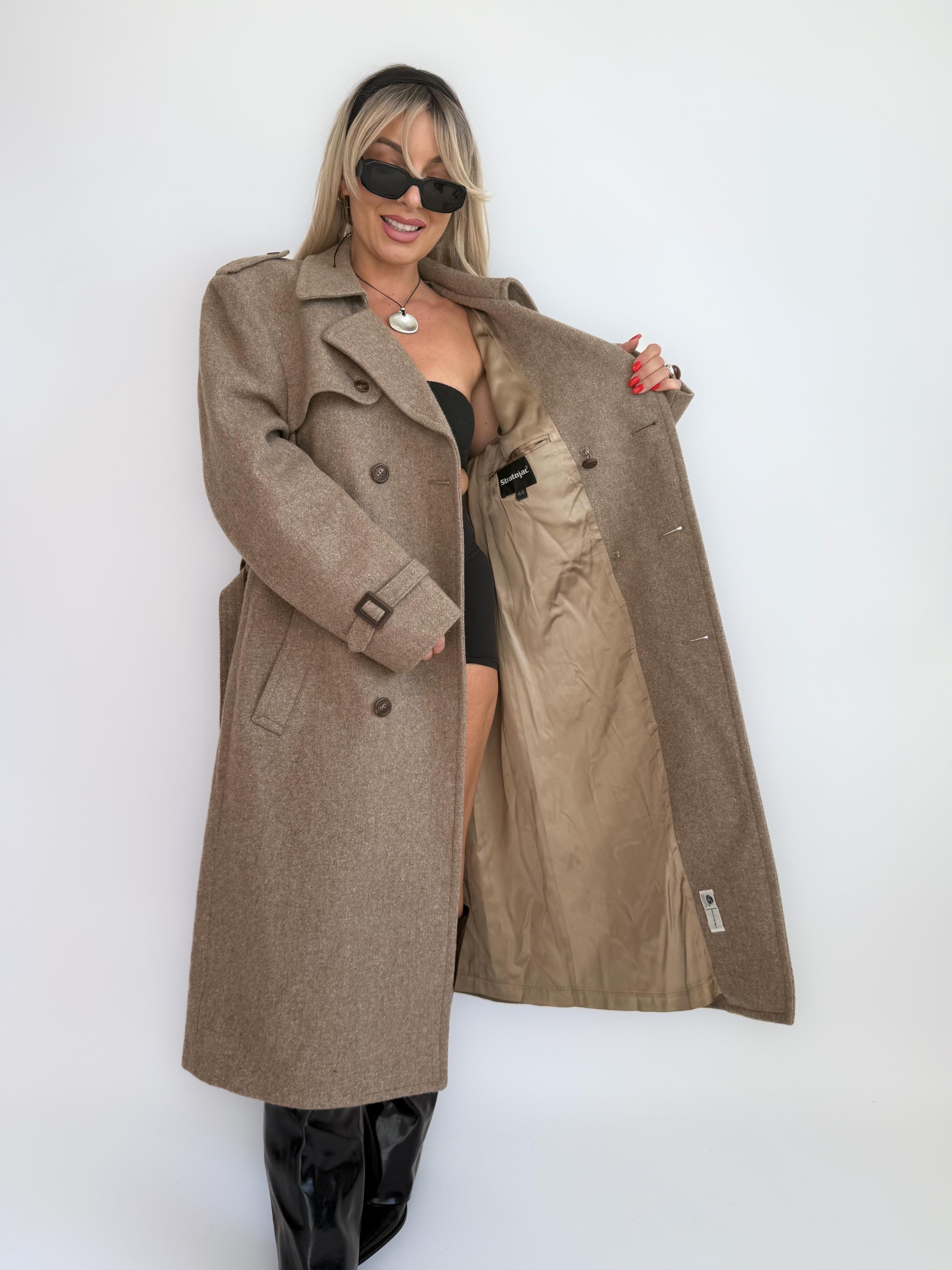 90s Wool Blend Trench Coat: Vintage Tan Double Breasted Long