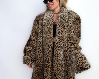Faux Fur Cheetah Coat American Made Vintage 80s 90s Winter Coat Animal Print Fur Mid Length Size Large