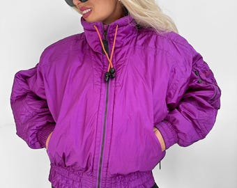 Vintage ski jacket winter bomber coat skiing suit neon hot purple retro puffer padded classic 90s style sportswear