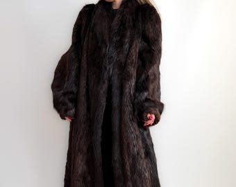 Vintage Waschbären Pelzmantel Dunkelbraun Pelzmantel 80er 90er Jahre Naturpelz Maxi Alter Geld Luxus Wintermantel