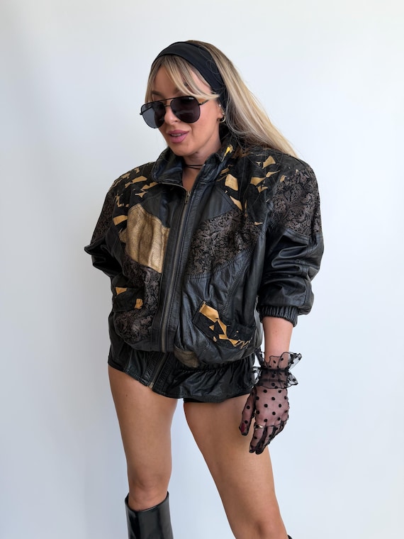 Vintage Black Leather Jacket Patchwork Abstract B… - image 11