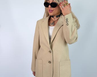 Veste blazer vintage en laine crème, manteau Old Money minimaliste, blazer sur mesure beige des années 90, veste en laine preppy de luxe calme