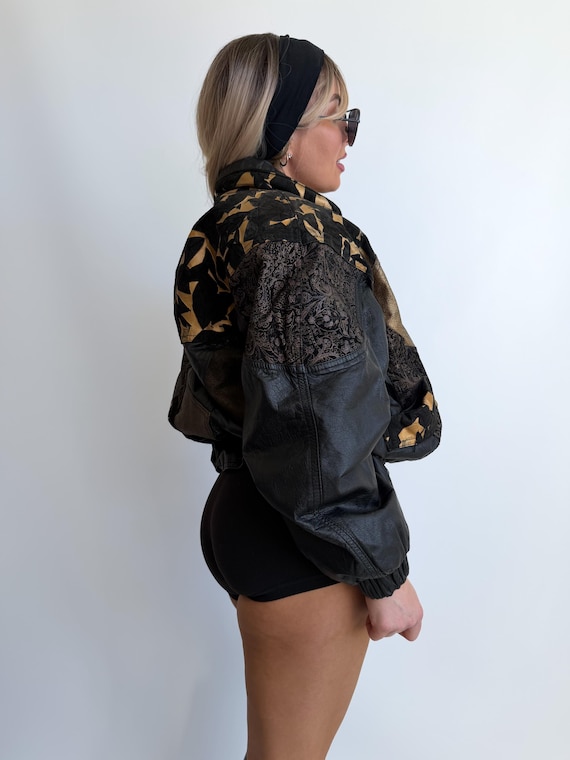 Vintage Black Leather Jacket Patchwork Abstract B… - image 5