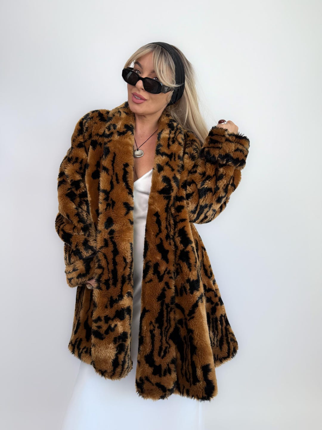 Vintage Faux Fur A-line Coat – Leopard Print Mob Wife Glam