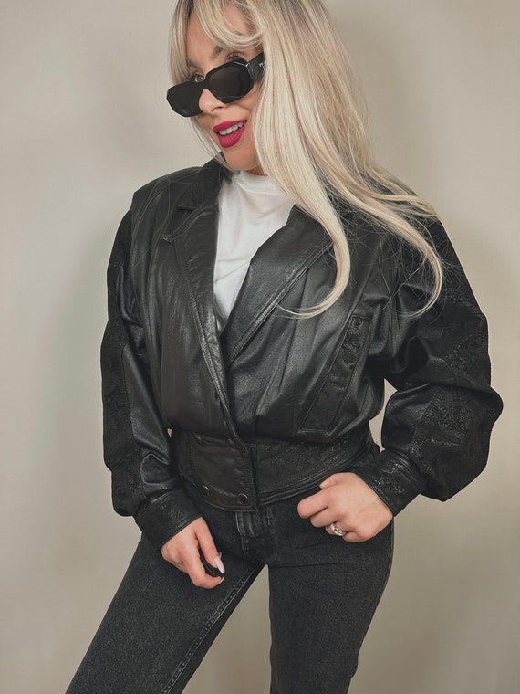Vintage 90's FLUID INTERNATIONAL Genuine Real Black Leather Biker Bomber Jacket