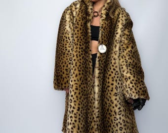 Vintage Faux Fur Coat Winter Leopard Cheetah Animal Print Oversize Mid Length Warm Jacket L