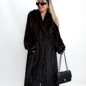 Vintage Long Natural Real Geniune Mink Rich Brown Fur Coat Warm Winter Luxury Statement Jacket S-M