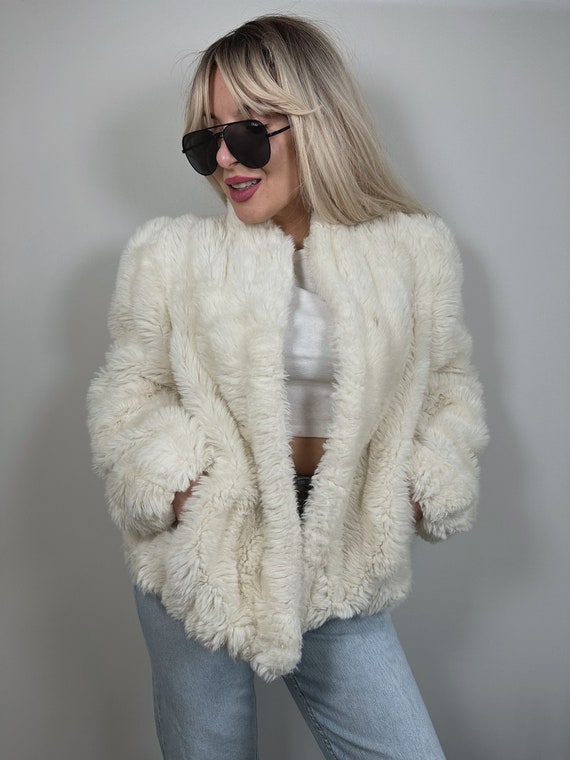 Vintage faux fur cream beige coat jacket y2k 90s - image 1