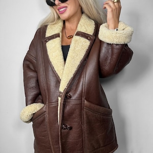 Vintage coat natural shearling wool men&#39;s coat sheepskin rancher western leather Marlboro jacket
