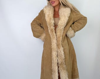Vintage Beige Natur-Wildledermantel von Penny Lane, echtes Leder mit Kunstpelzbesatz, afghanischer Stil, Damengröße M