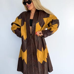 Vintage Italian Patchwork Leather Coat Genuine Leather Duster  90s Brown & Mustard Yellow Leather Trench Coat   Statement Outerwear L