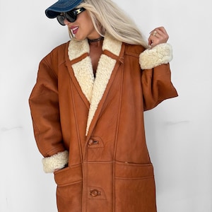 Vintage Shearling Rancher Coat: Brown Leather Sheepskin Overcoat