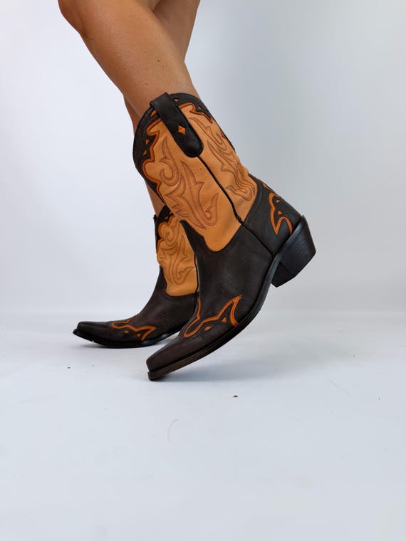 Vintage Leather Cowboy Boots US 8 Western Cowgirl… - image 16