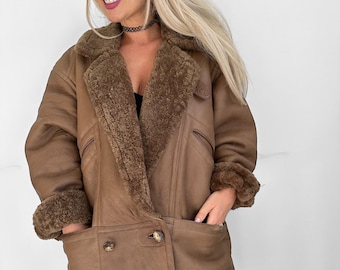 Vintage coat shearling sheepskin leather button up wool jacket ranch rancher western Malboro