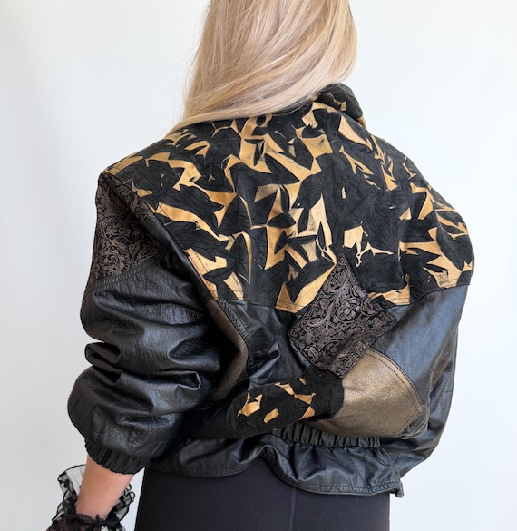 Vintage Black Leather Jacket Patchwork Abstract B… - image 7