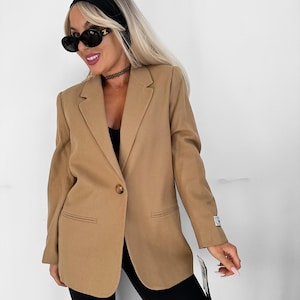 Vintage blazer beige tan camel classic wool woolen relaxed casual boyfriend style blazer suit jacket unisex overcoat