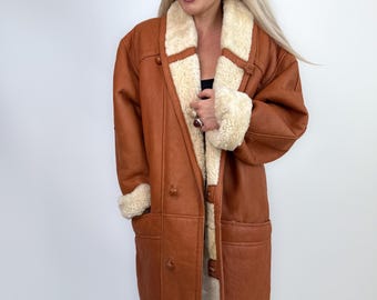 Vintage Cognac Shearling Sheepskin Coat Wool Lined Leather Winter Jacket Mens Womens