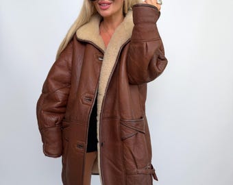 Natural Shearling Vintage Coat Winter Jacket Suede Real Sheepskin Brown with White Sheep Wool Long Man Woman Classic Rancher Western L