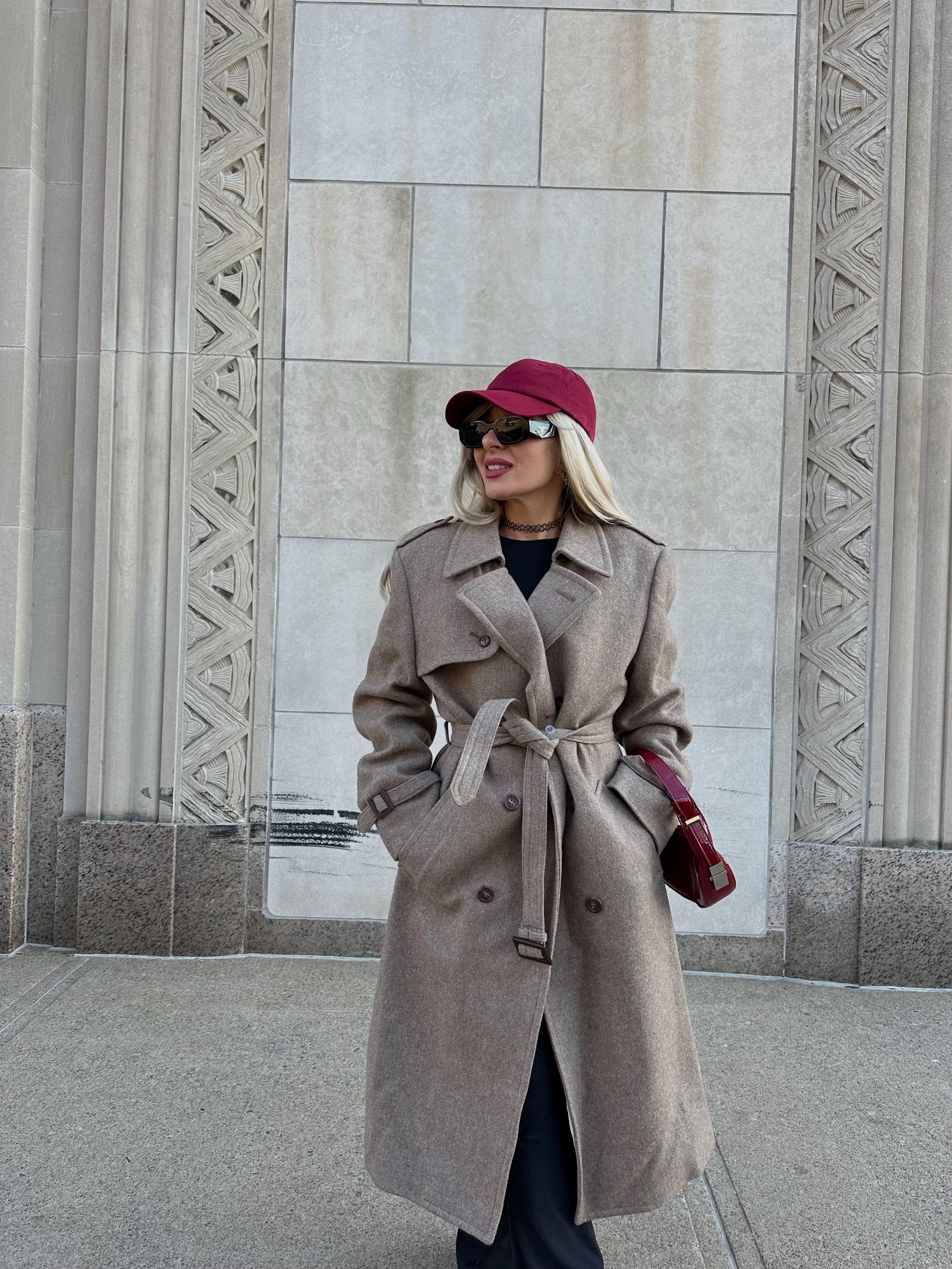 Vintage Trench Coat Wool Double Breasted Waist Belt Tie Midi