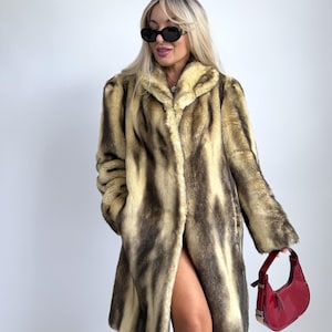 Vintage Faux Fur Coat: 90s Blonde & Brown Winter Jacket, Medium/Large
