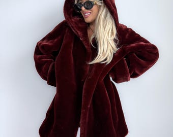 Vintage Burgundy Faux Fur Hooded Winter Coat M-L