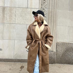 Vintage jacket winter coat long full lenght overcoat shearling sheepskin wool brown rancher western leather suede men's