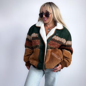 Vintage 90s Suede Bomber Jacket: Southwestern Aztec Navajo Green Brown Sherpa Collar, Size L