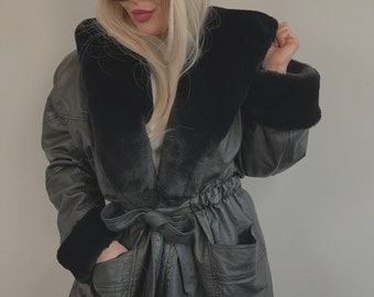 Vintage genuine leather faux fur hooded parka jacket coat