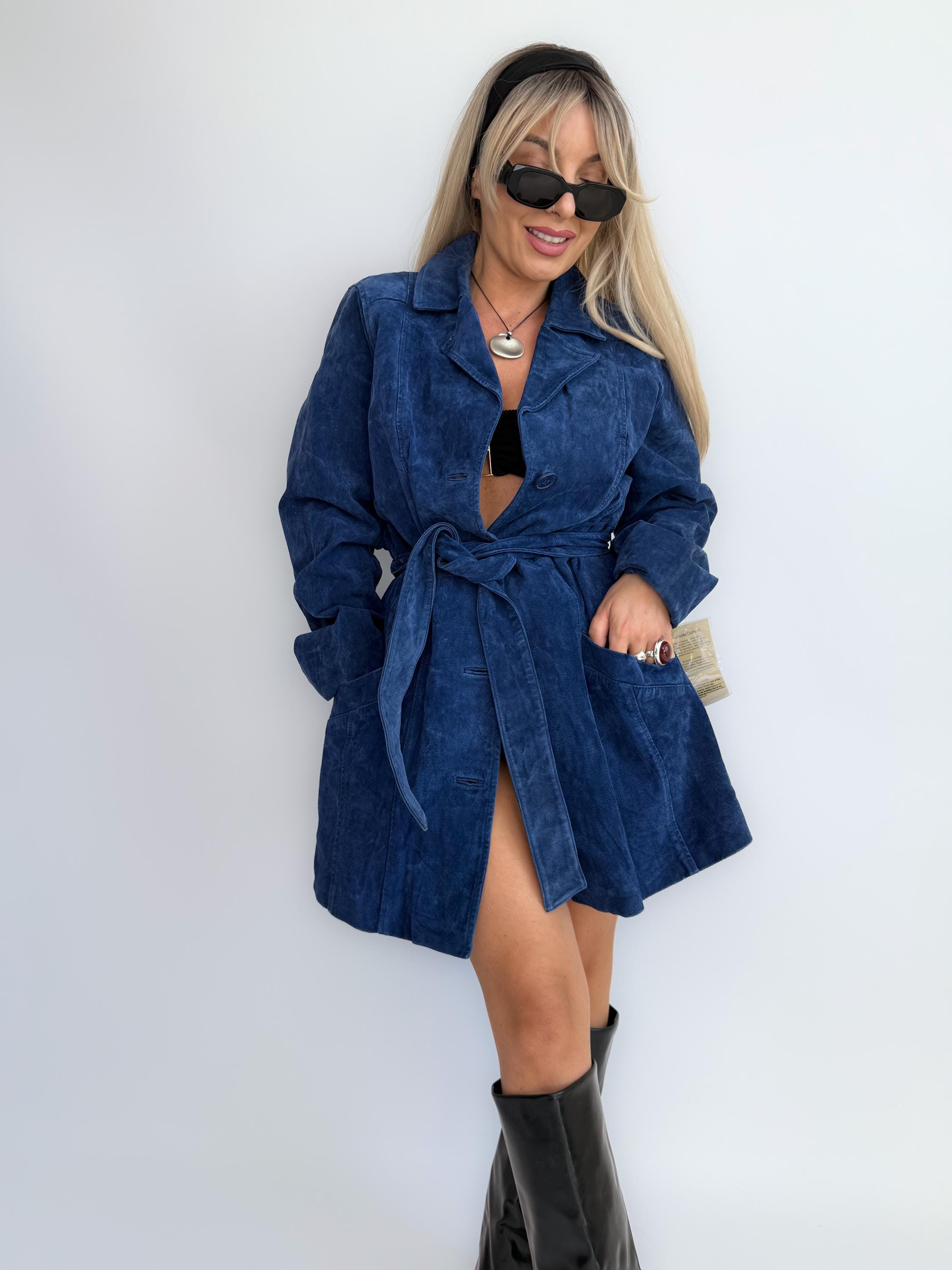 Vintage Navy Blue Suede Trench Coat: Belted Bohemian Leather 