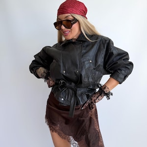 Vintage Black Leather Biker Jacket Studded Moto Jacket Cropped Belted 90s Leather Jacket Edgy Rocker Statement Jacket L