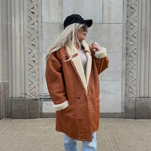 Vintage Shearling Rancher Coat: Brown Leather Sheepskin Overcoat