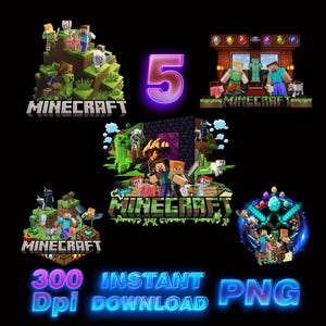 Puede incluir: Cinco ilustraciones digitales coloridas de personajes y escenas de Minecraft. Las ilustraciones incluyen un grupo de personajes de pie sobre un bloque verde, un grupo de personajes de pie frente a un edificio, un grupo de personajes de pie frente a un bloque verde, un grupo de personajes de pie frente a un edificio y un grupo de personajes de pie frente a un bloque azul. El texto "Minecraft" aparece en cada ilustración.