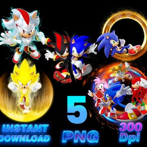 Bundle 5 Sonic The Hedgehog PNG épingles Cricut autocollant pour gâteau chemise sublimation image transparente téléchargement imprimable Knuckles Tails