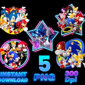 Bündel 5 Sonic The Hedgehog PNG Cricut Pin Aufkleber Kuchen Topper Shirt Sublimation Transparent Bild druckbare Download Knuckles Tails