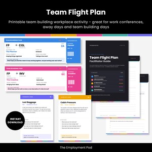 May include: A printable Team Flight Plan activity set featuring blue and pink boarding passes, a black facilitator guide, and scenario cards titled Lost Baggage and Cabin Pressure. The documents include text, checklists, and structured prompts.