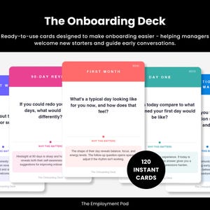 Op de afbeelding: Een set van 120 instant kaarten genaamd "The Onboarding Deck", ontworpen om managers te helpen nieuwe starters te verwelkomen. De kaarten bevatten vragen zoals "Hoe ziet een typische dag er voor je uit, en hoe voelt dat?" en zijn in verschillende kleuren.
