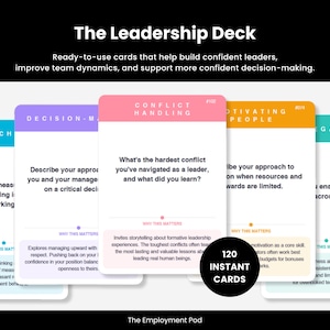May include: The Leadership Deck, a set of 120 instant cards designed to help build confident leaders and improve team dynamics. The cards feature questions on topics like coaching, decision-making, conflict handling, and delegation. The Employment Pod.